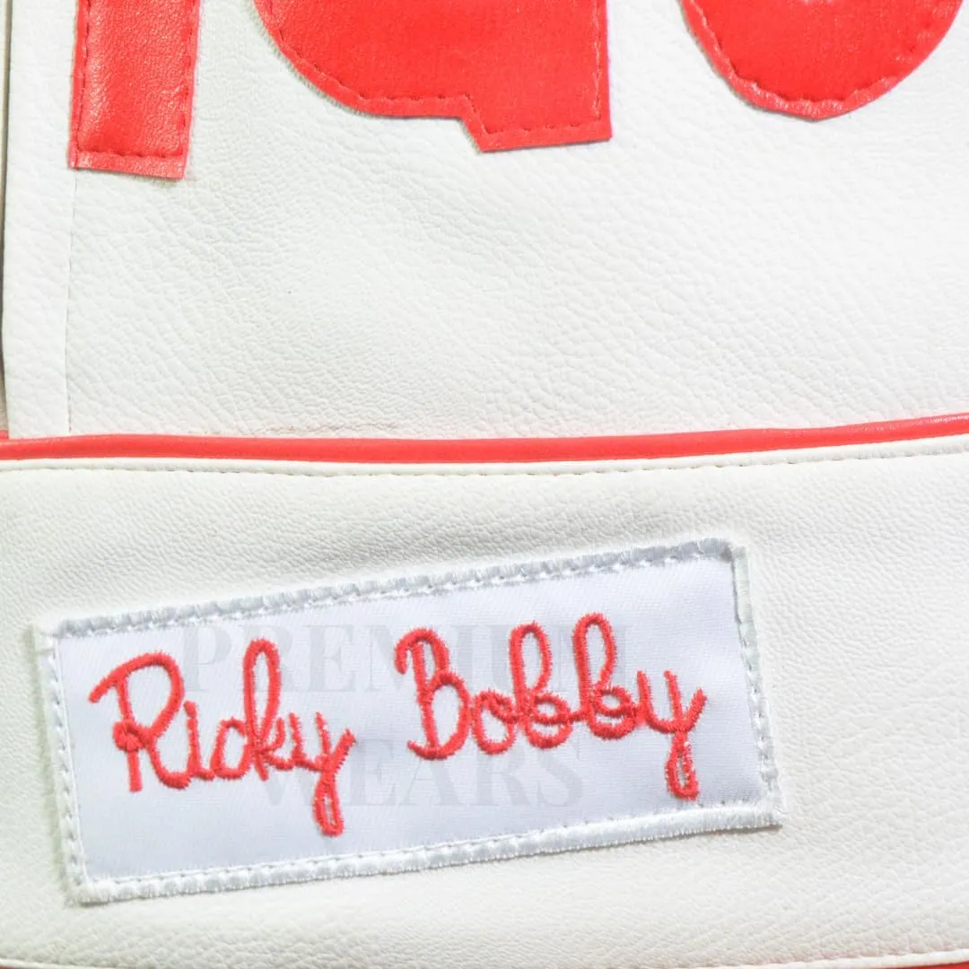 Men's Ricky Bobby Racing Nights Wonder The Bread Speed White Leather Motorcycle Jacket