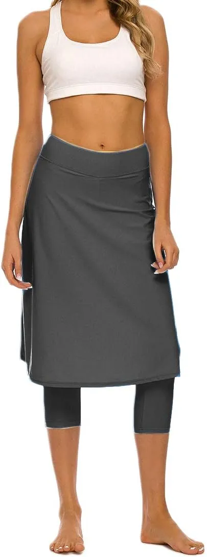 Micosuza Long Swim Skirt with Attached Leggings Modest Sun Protection Sports Skirt for Women