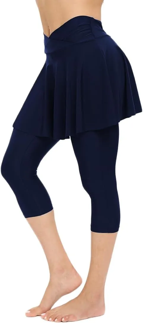Micosuza Women's Swim Capris Leggings with Skirt Sun Protection Modest Cross High Waist Skirted Swim Pants