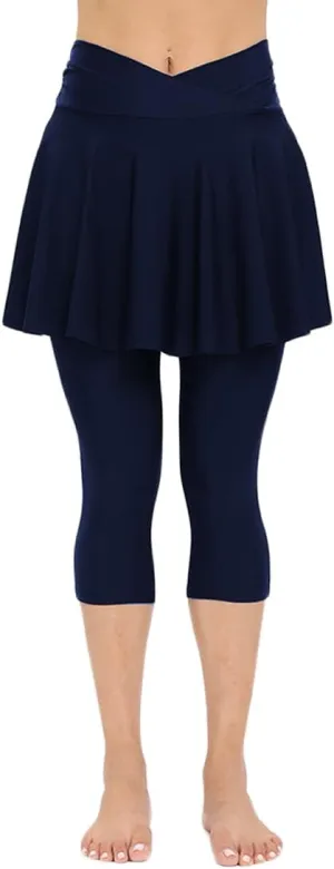 Micosuza Women's Swim Capris Leggings with Skirt Sun Protection Modest Cross High Waist Skirted Swim Pants