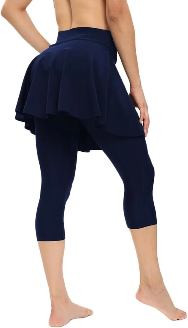 Micosuza Women's Swim Capris Leggings with Skirt Sun Protection Modest Cross High Waist Skirted Swim Pants