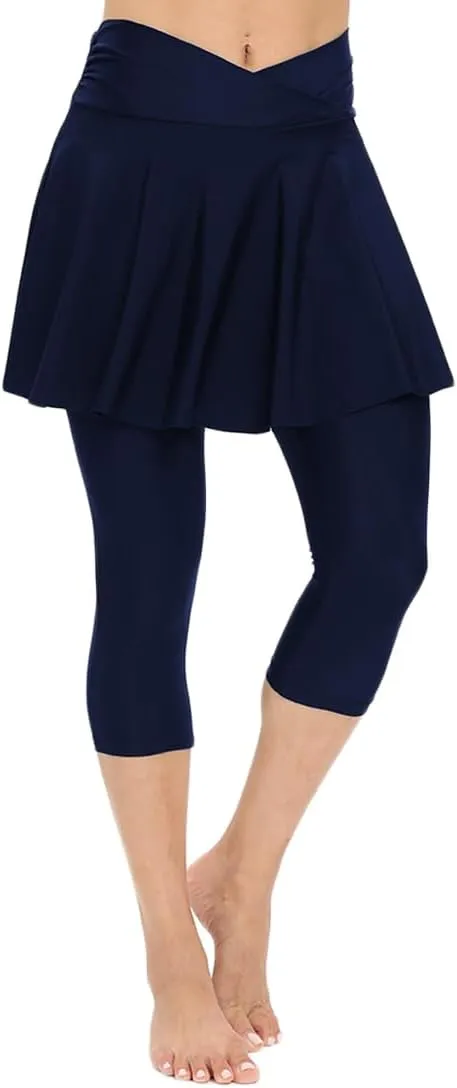 Micosuza Women's Swim Capris Leggings with Skirt Sun Protection Modest Cross High Waist Skirted Swim Pants