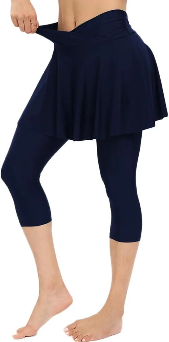 Micosuza Women's Swim Capris Leggings with Skirt Sun Protection Modest Cross High Waist Skirted Swim Pants