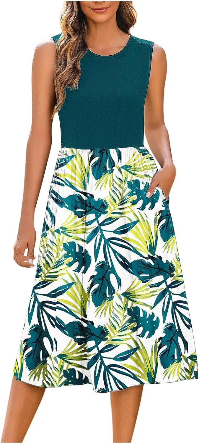 Midi Dresses for Women Casual Floral Graphic Tank Midi Dress Sleeveless Pocketed a Line Dresses Summer Beach Outfits