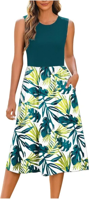 Midi Dresses for Women Casual Floral Graphic Tank Midi Dress Sleeveless Pocketed a Line Dresses Summer Beach Outfits