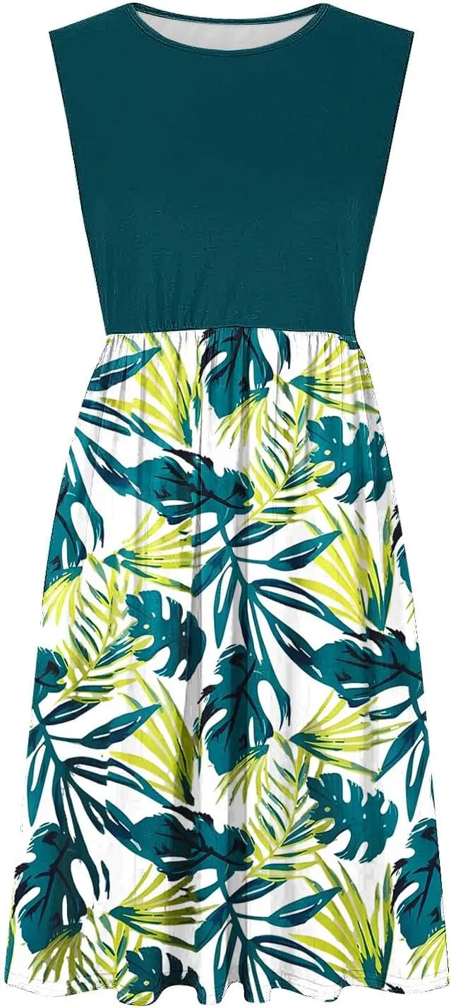 Midi Dresses for Women Casual Floral Graphic Tank Midi Dress Sleeveless Pocketed a Line Dresses Summer Beach Outfits