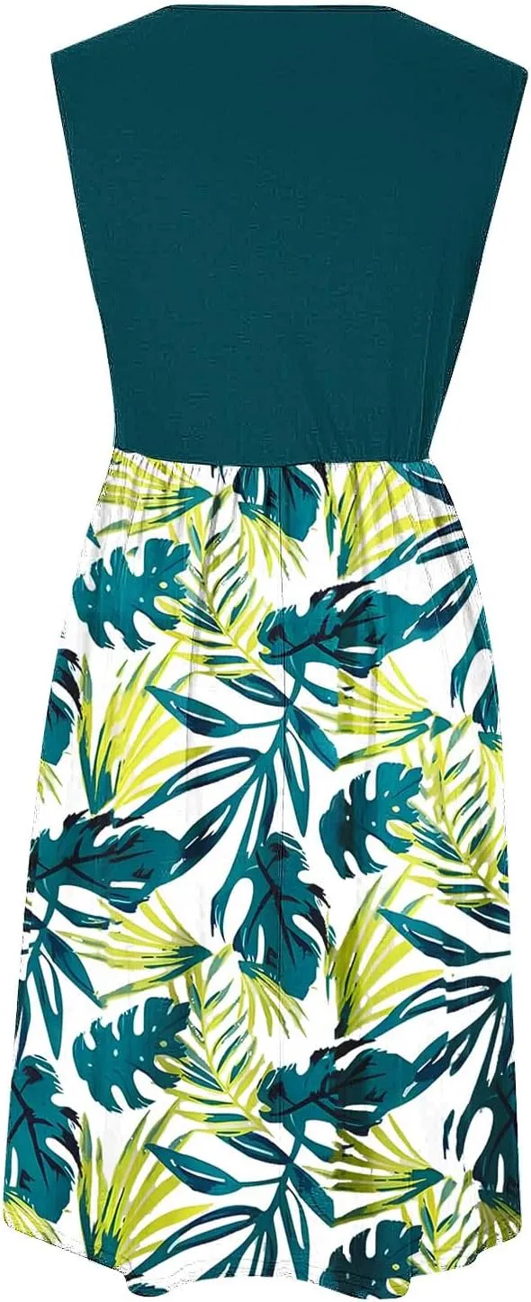 Midi Dresses for Women Casual Floral Graphic Tank Midi Dress Sleeveless Pocketed a Line Dresses Summer Beach Outfits