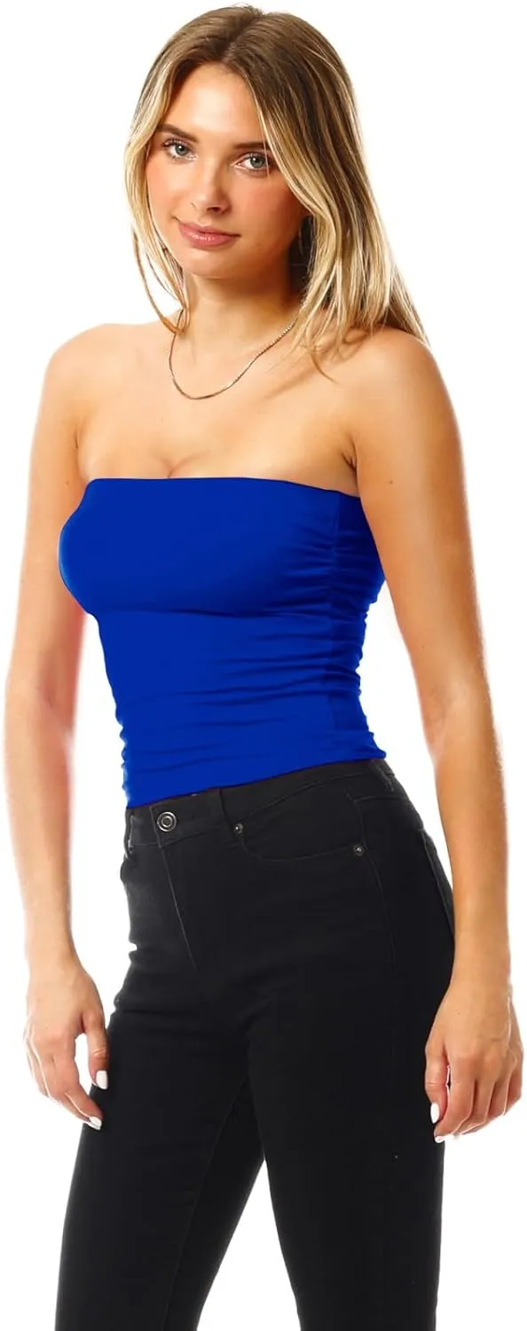 MixMatchy Women's 4 Pack Tube Tops Ruched Side Double Layered Tube Top with Cotton Shelf Bra