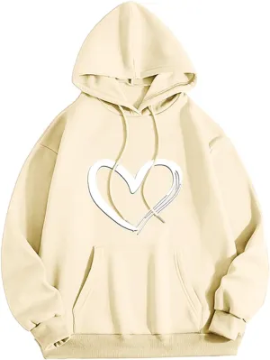 Mmoneyake Womens Graphic Hoodie Casual Heart Print Long Sleeve Pullover Fall Oversized Crew Neck Sweatshirt Trendy Streetwear