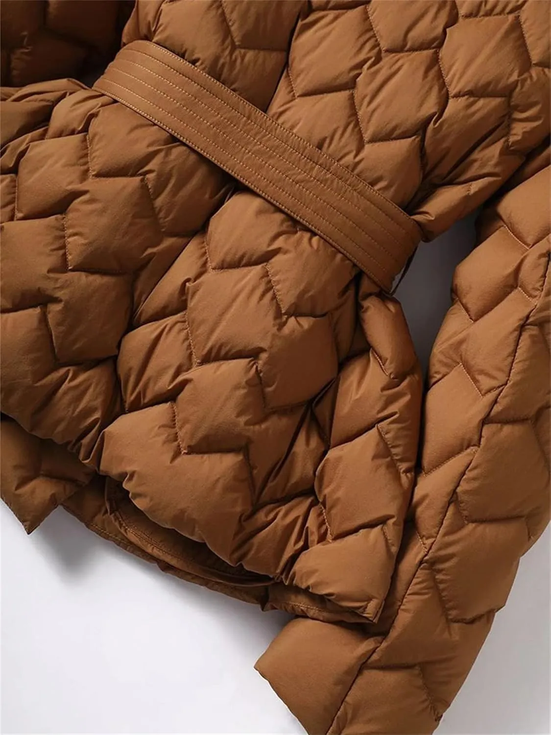 Mnjyihy Women Winter Lightweight Down Jacket With Belt Elegant Tie Belt Long Cotton White Duck Down Parka
