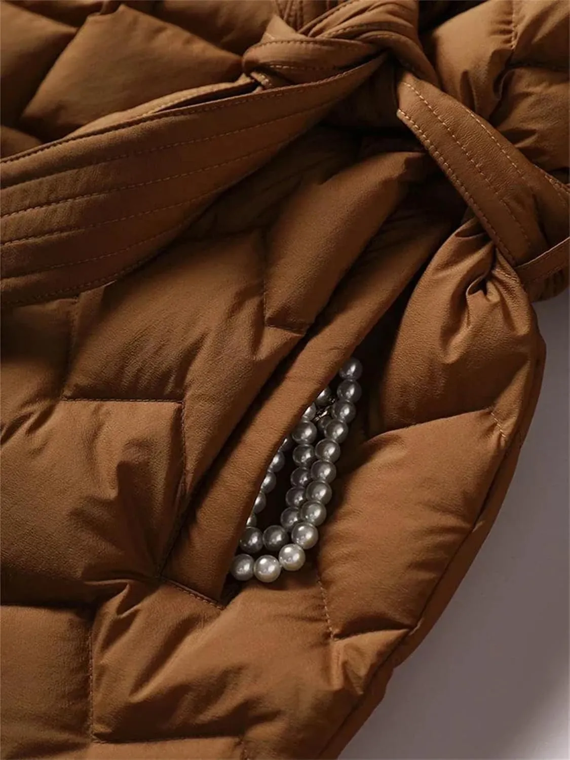 Mnjyihy Women Winter Lightweight Down Jacket With Belt Elegant Tie Belt Long Cotton White Duck Down Parka
