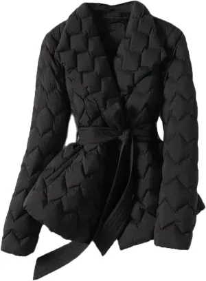 Mnjyihy Women Winter Lightweight Down Jacket With Belt Elegant Tie Belt Long Cotton White Duck Down Parka