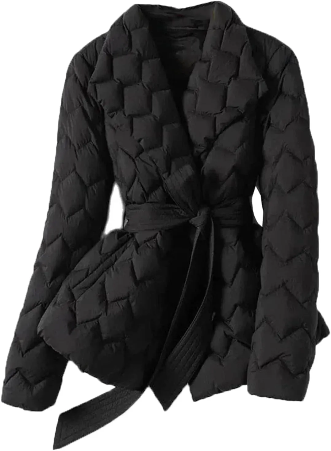 Mnjyihy Women Winter Lightweight Down Jacket With Belt Elegant Tie Belt Long Cotton White Duck Down Parka