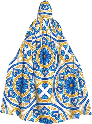 Moroccan Ethnic Floral Stylish Adults Hooded Cloak Cape for Halloween Cosplay Costumes Black
