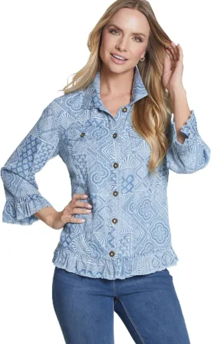 MULTIPLES Women's Three Quarters Sleeves Two-Pocket Ruffle Hem Jean Jacket
