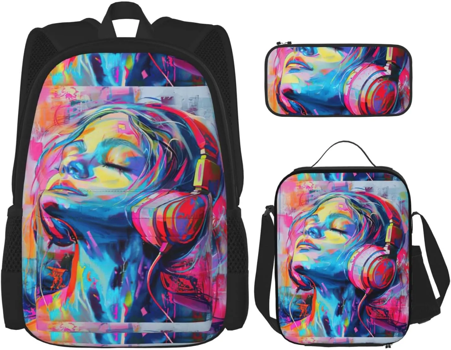 Music Print Unisex Stylish Travel Backpack Set With Insulated Lunch Bag,Adjustable Straps
