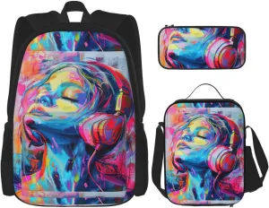 Music Print Unisex Stylish Travel Backpack Set With Insulated Lunch Bag,Adjustable Straps