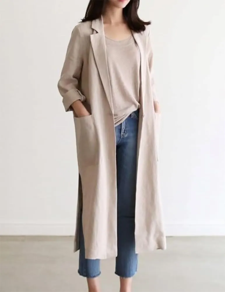 Mywinway Womens Cotton Long Linen Blazer Casual Fashion Spring Summer Buttons Jackets Trench Coat
