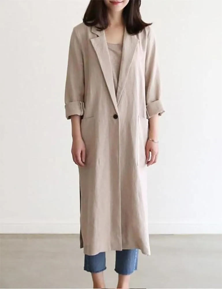 Mywinway Womens Cotton Long Linen Blazer Casual Fashion Spring Summer Buttons Jackets Trench Coat