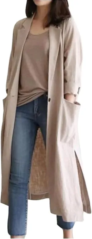 Mywinway Womens Cotton Long Linen Blazer Casual Fashion Spring Summer Buttons Jackets Trench Coat