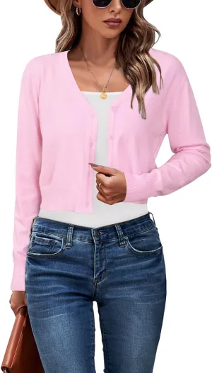 Newshows Womens 2025 Summer Cropped Cardigan Fashion Knit Bolero Shrug Long Sleeve V Neck Business Casual Sweater