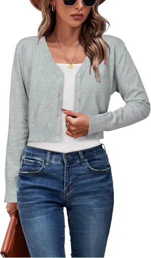 Newshows Womens 2025 Summer Cropped Cardigan Fashion Knit Bolero Shrug Long Sleeve V Neck Business Casual Sweater