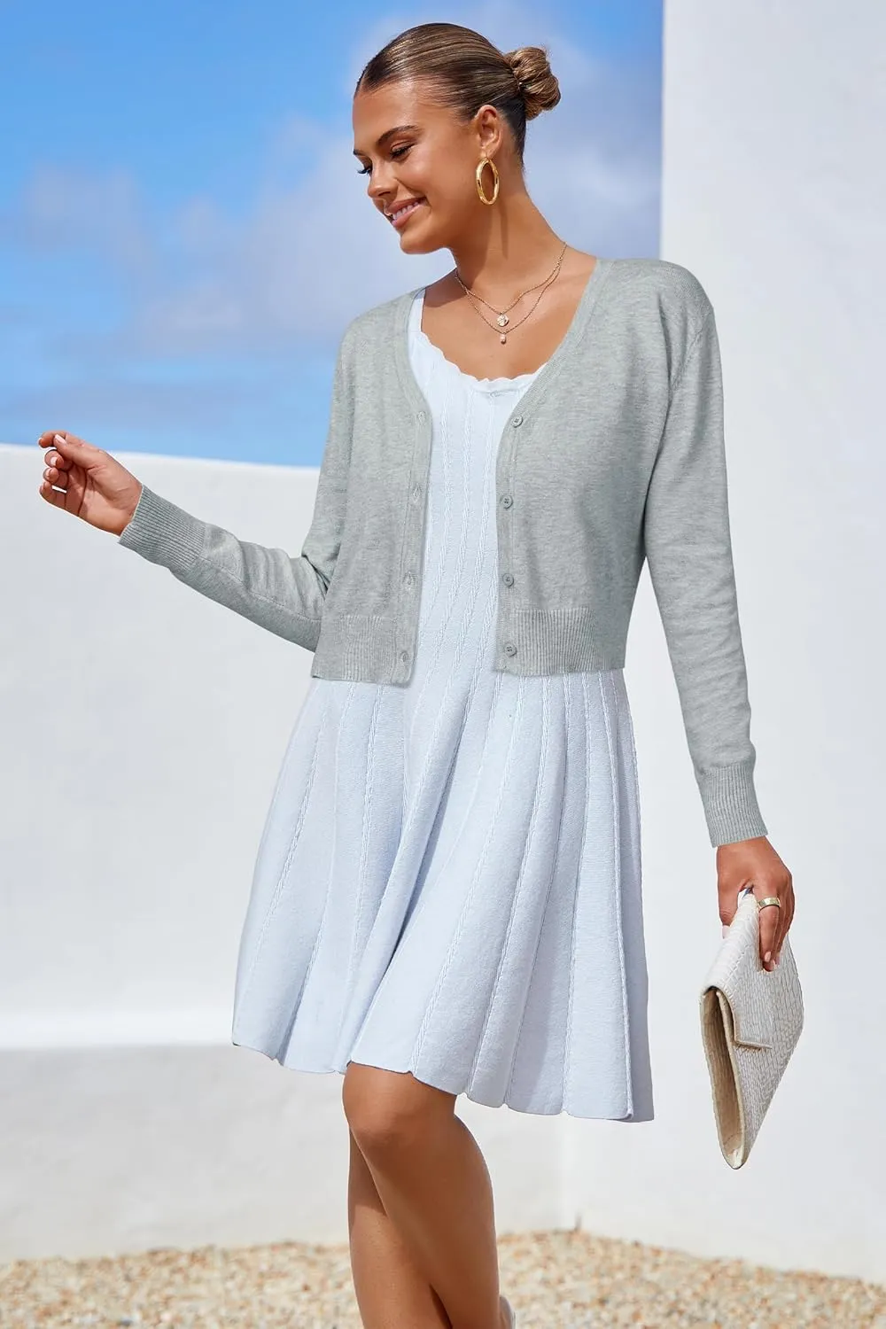 Newshows Womens 2025 Summer Cropped Cardigan Fashion Knit Bolero Shrug Long Sleeve V Neck Business Casual Sweater