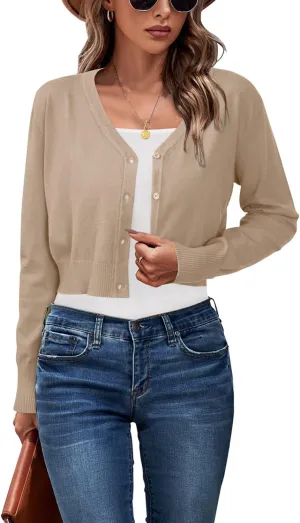 Newshows Womens 2025 Summer Cropped Cardigan Fashion Knit Bolero Shrug Long Sleeve V Neck Business Casual Sweater