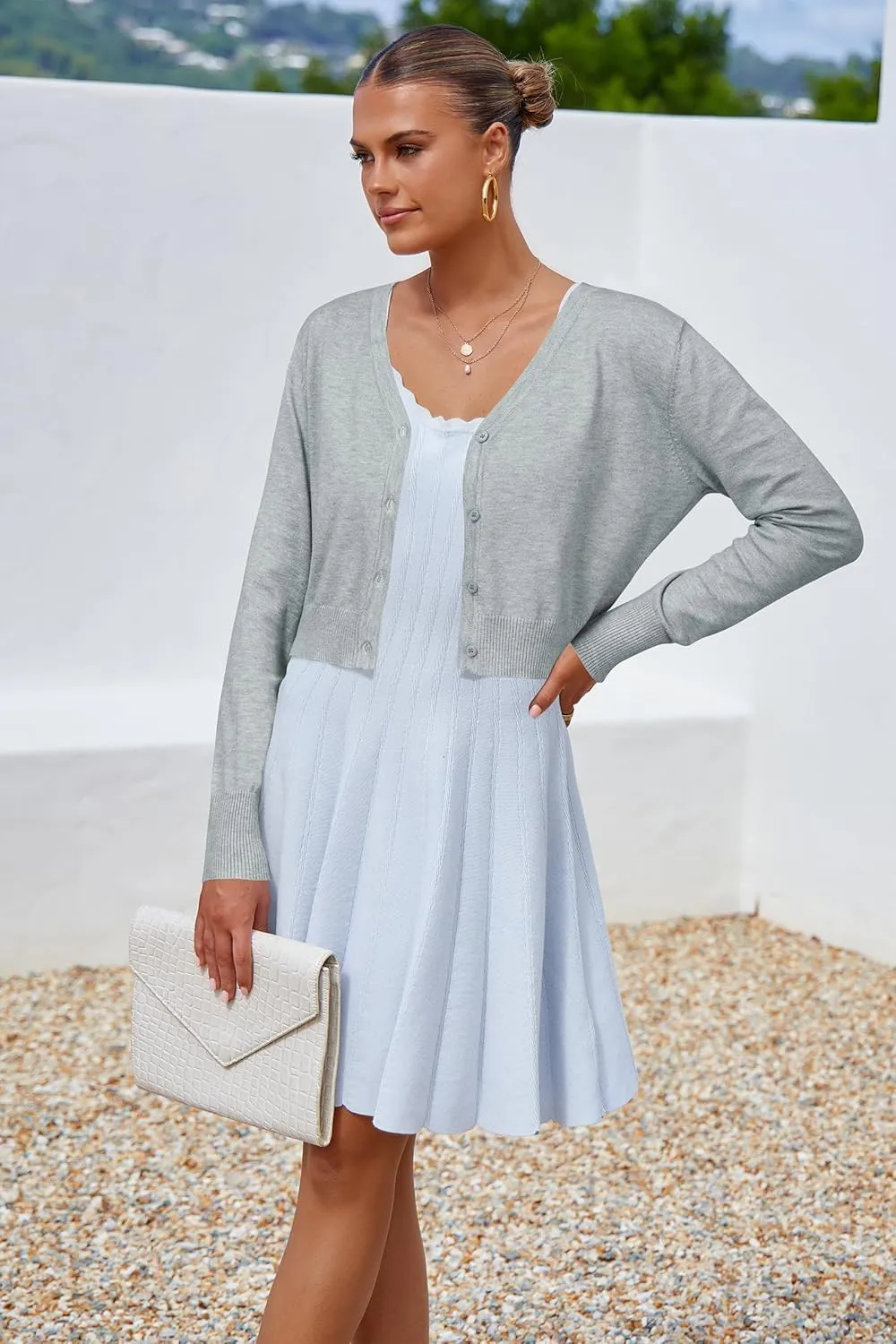 Newshows Womens 2025 Summer Cropped Cardigan Fashion Knit Bolero Shrug Long Sleeve V Neck Business Casual Sweater
