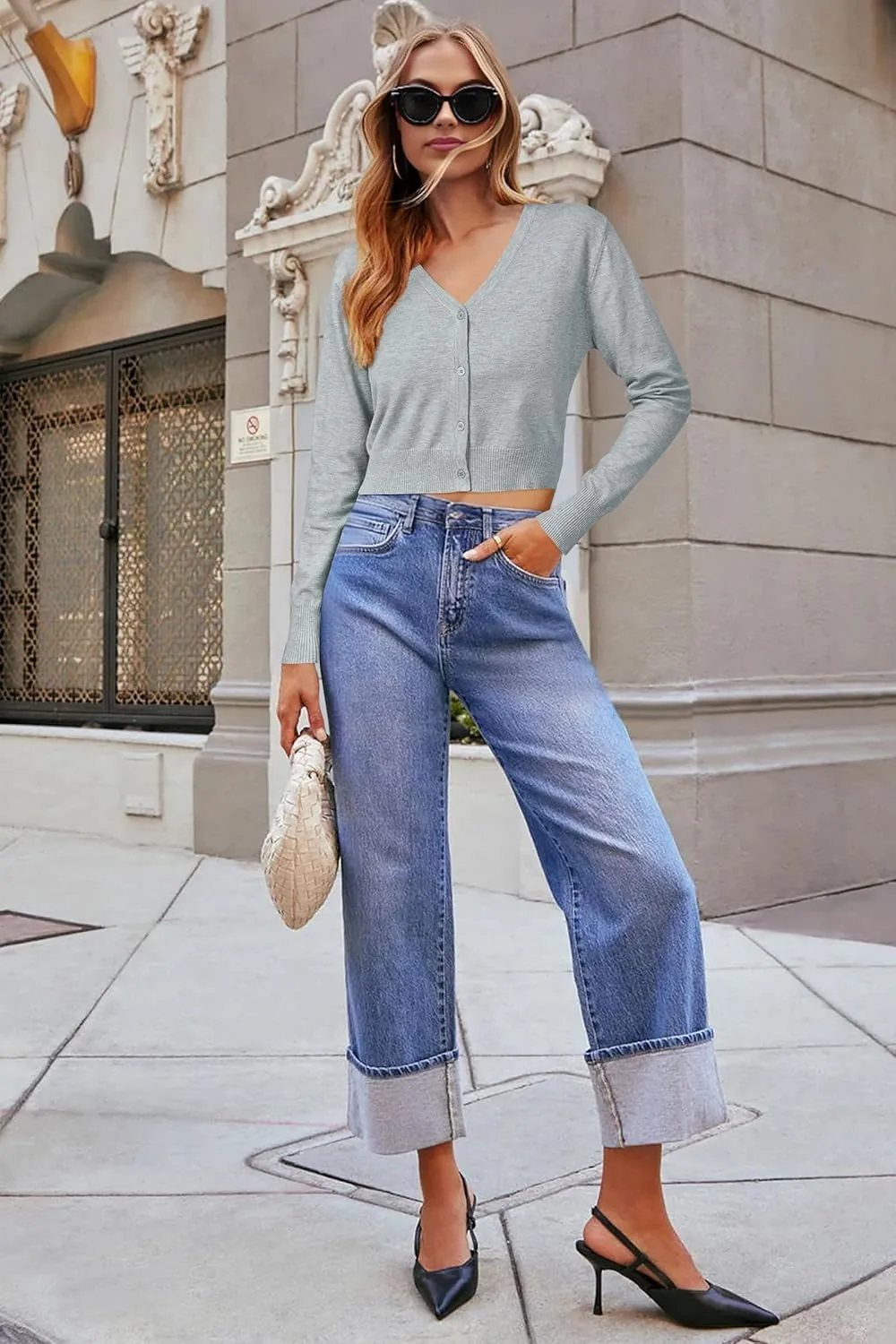 Newshows Womens 2025 Summer Cropped Cardigan Fashion Knit Bolero Shrug Long Sleeve V Neck Business Casual Sweater