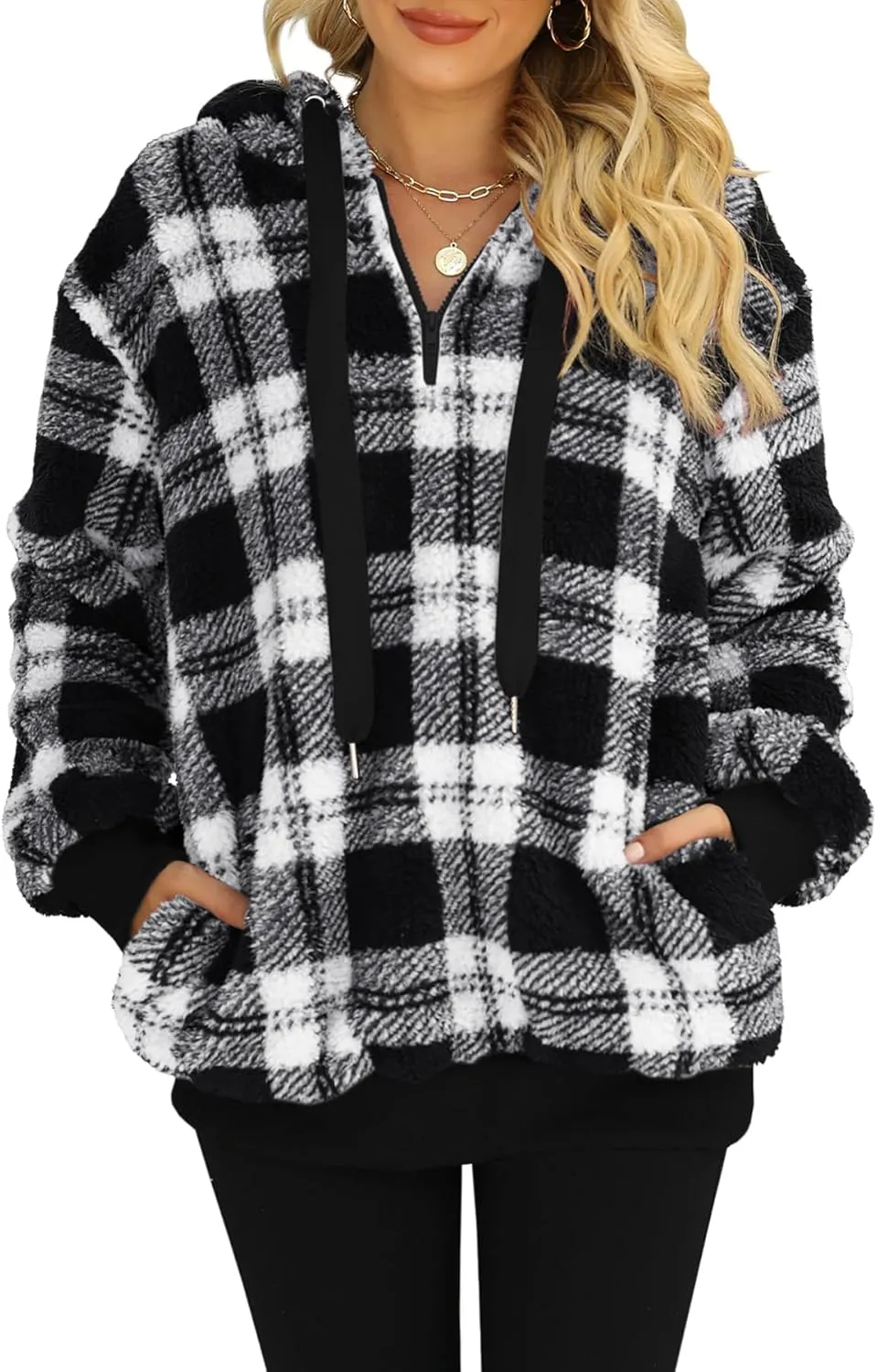 Nirovien Womens Sherpa Pullover Oversized Fuzzy Hoodie Double Fleece Sweatshirts Fluffy Plaid Outerwear Warm Coats