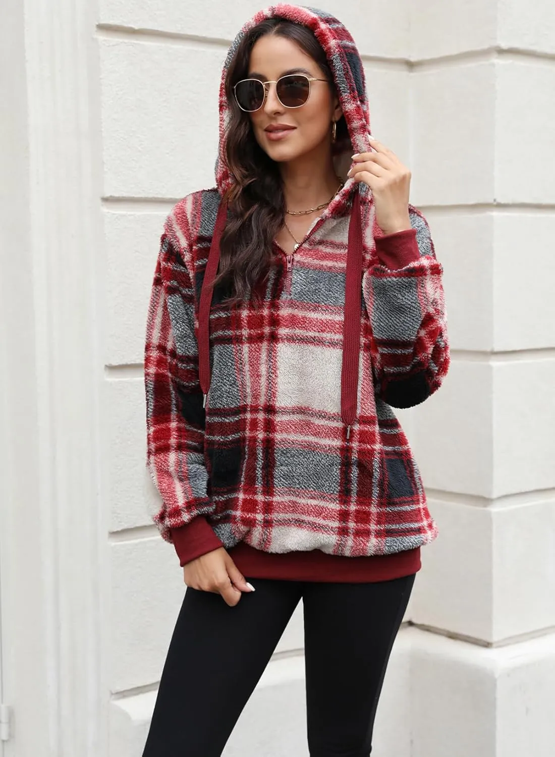 Nirovien Womens Sherpa Pullover Oversized Fuzzy Hoodie Double Fleece Sweatshirts Fluffy Plaid Outerwear Warm Coats