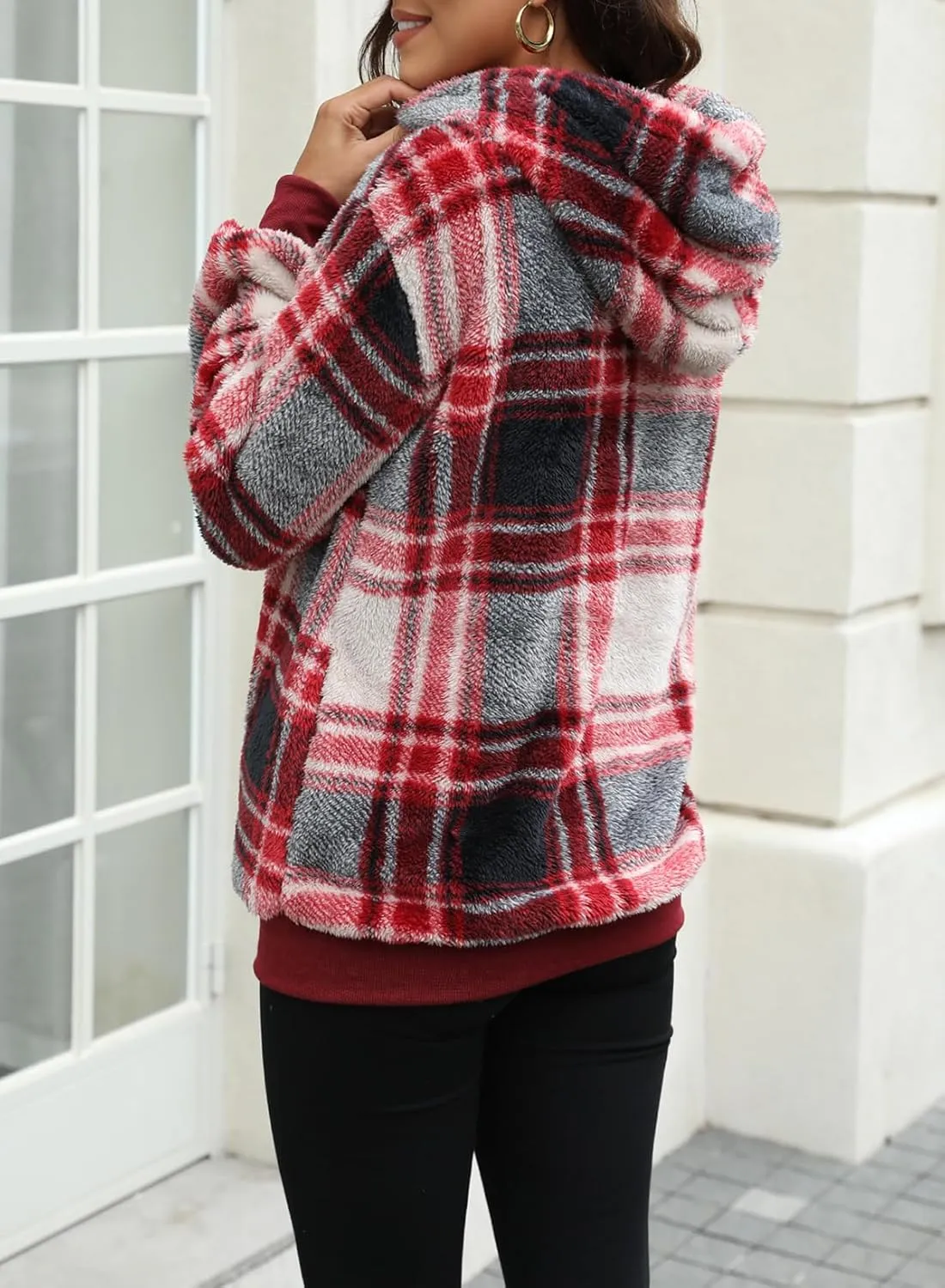 Nirovien Womens Sherpa Pullover Oversized Fuzzy Hoodie Double Fleece Sweatshirts Fluffy Plaid Outerwear Warm Coats