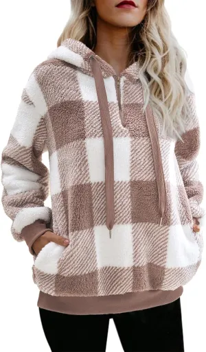 Nirovien Womens Sherpa Pullover Oversized Fuzzy Hoodie Double Fleece Sweatshirts Fluffy Plaid Outerwear Warm Coats