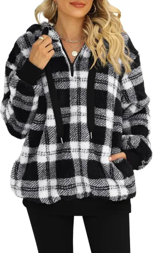 Nirovien Womens Sherpa Pullover Oversized Fuzzy Hoodie Double Fleece Sweatshirts Fluffy Plaid Outerwear Warm Coats