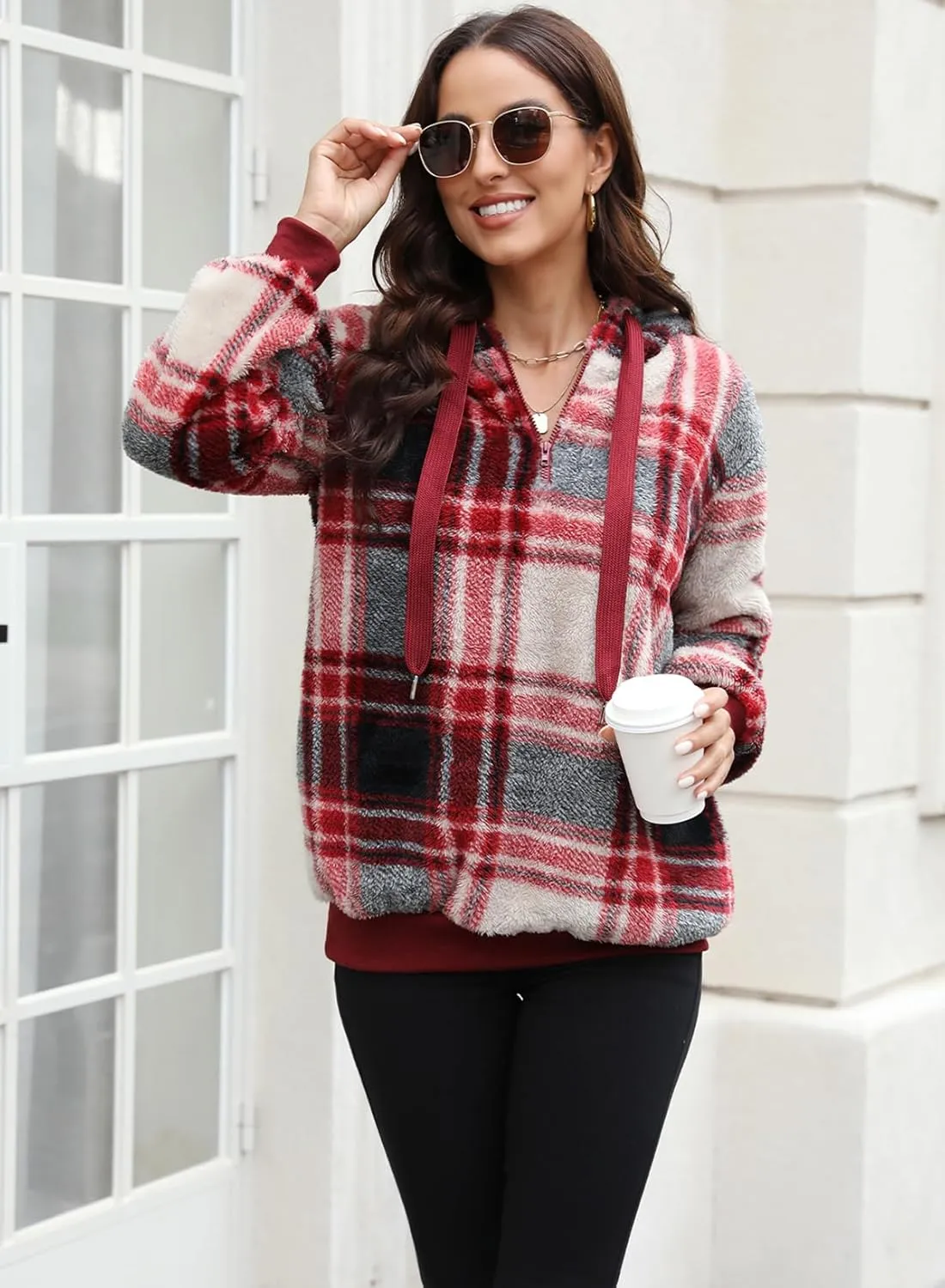 Nirovien Womens Sherpa Pullover Oversized Fuzzy Hoodie Double Fleece Sweatshirts Fluffy Plaid Outerwear Warm Coats