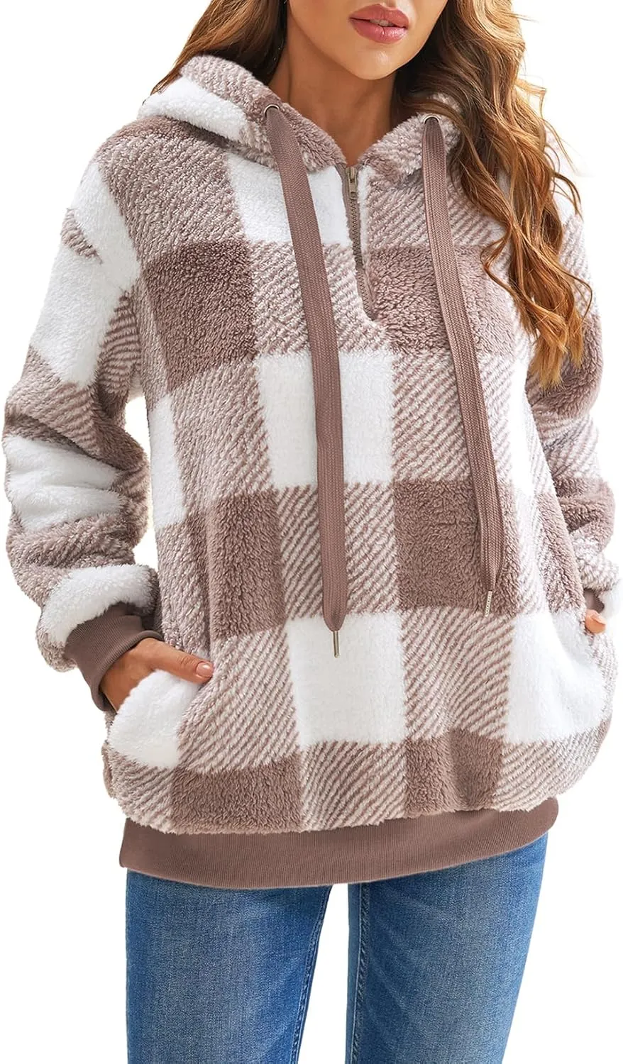 Nirovien Womens Sherpa Pullover Oversized Fuzzy Hoodie Double Fleece Sweatshirts Fluffy Plaid Outerwear Warm Coats