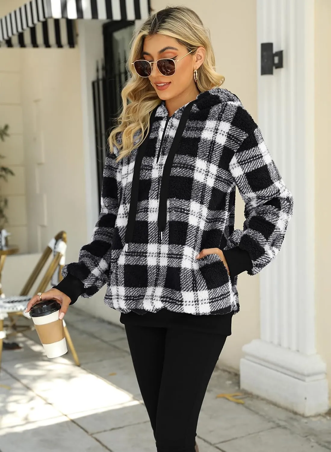Nirovien Womens Sherpa Pullover Oversized Fuzzy Hoodie Double Fleece Sweatshirts Fluffy Plaid Outerwear Warm Coats