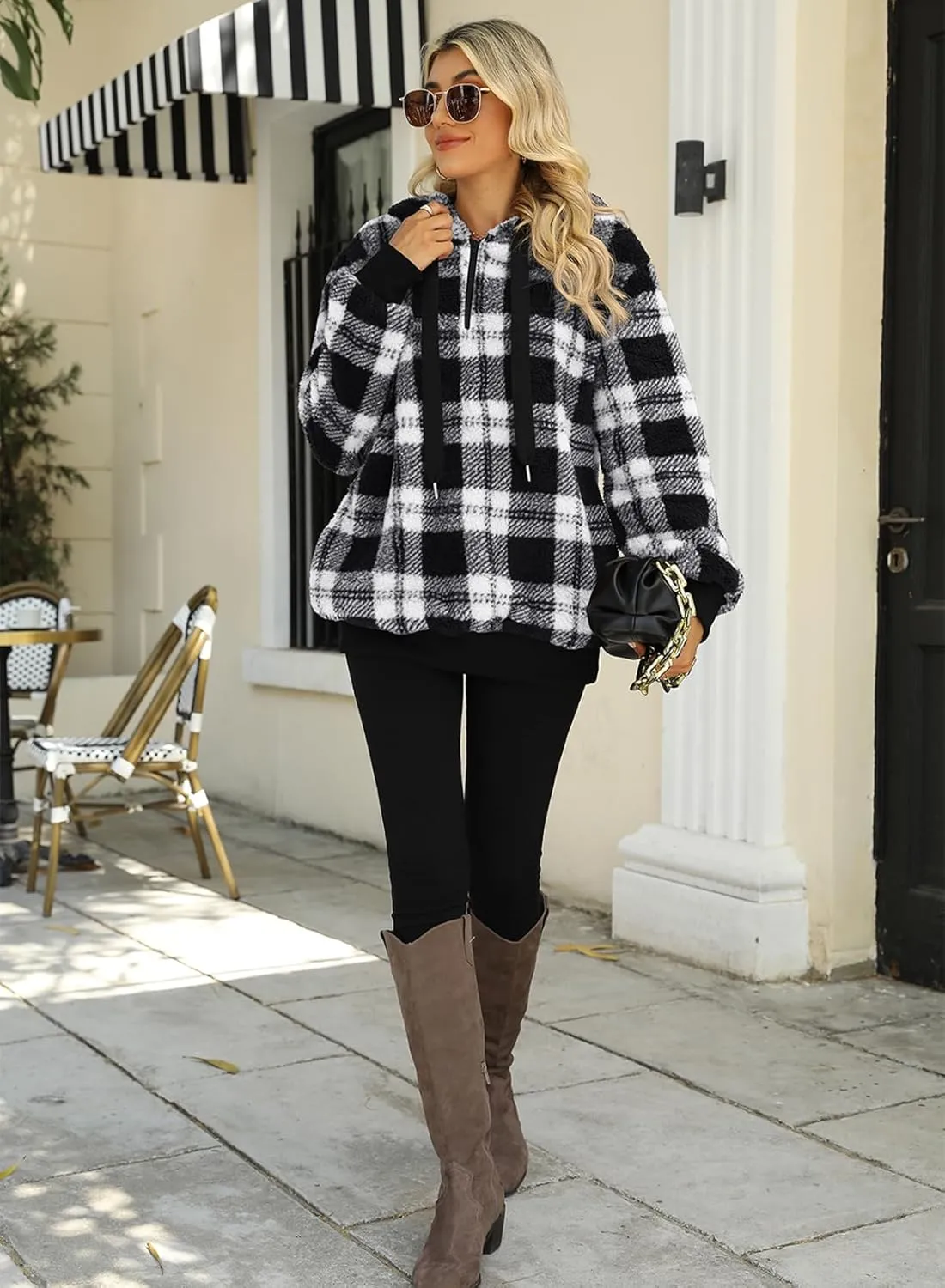 Nirovien Womens Sherpa Pullover Oversized Fuzzy Hoodie Double Fleece Sweatshirts Fluffy Plaid Outerwear Warm Coats