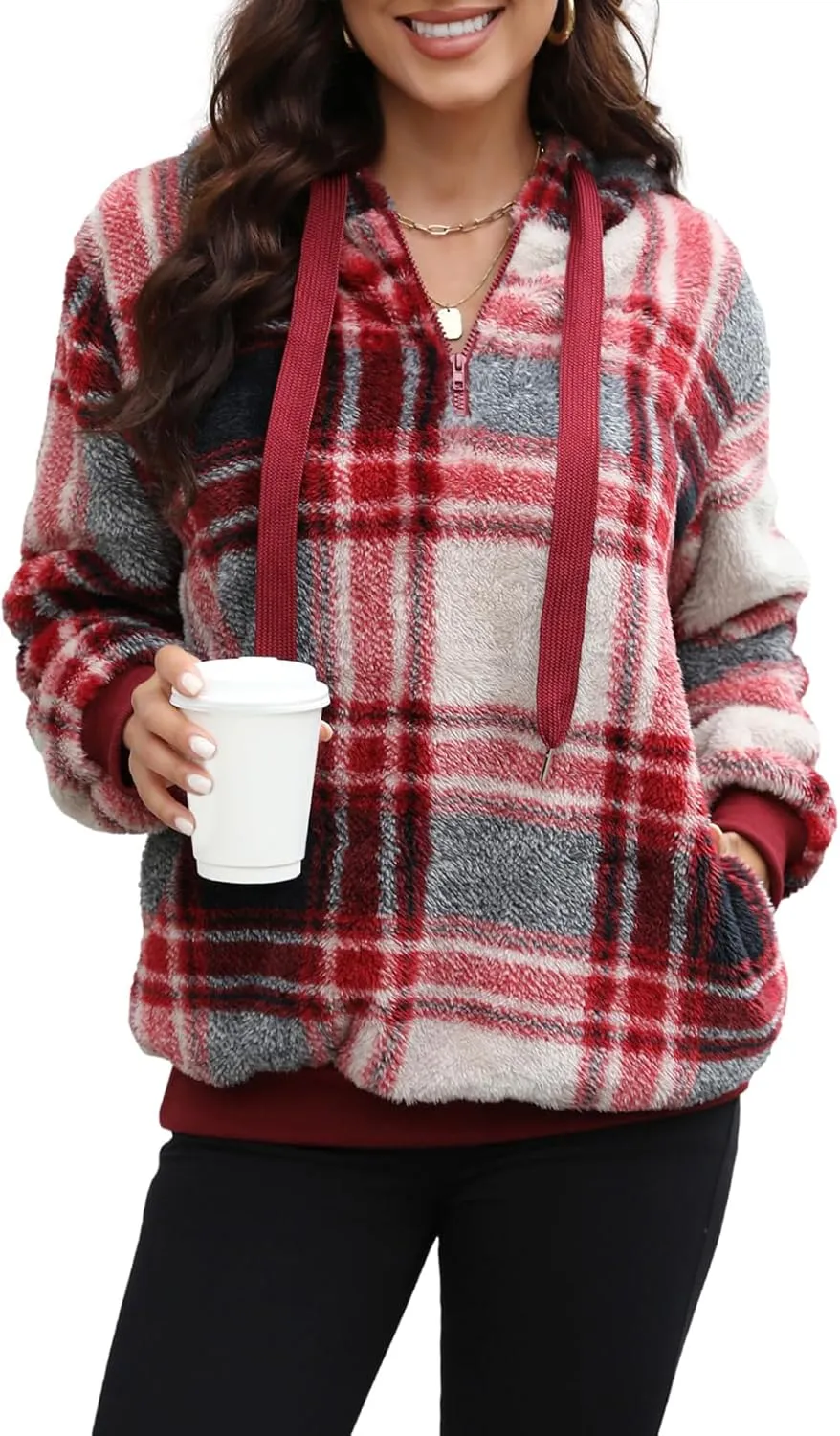 Nirovien Womens Sherpa Pullover Oversized Fuzzy Hoodie Double Fleece Sweatshirts Fluffy Plaid Outerwear Warm Coats