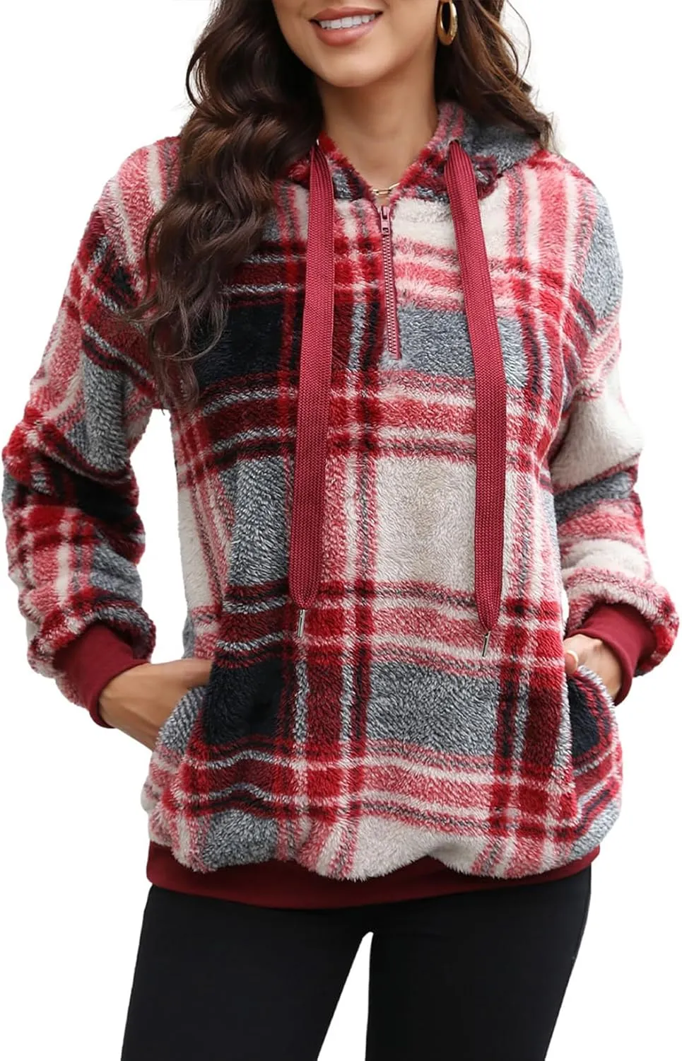 Nirovien Womens Sherpa Pullover Oversized Fuzzy Hoodie Double Fleece Sweatshirts Fluffy Plaid Outerwear Warm Coats