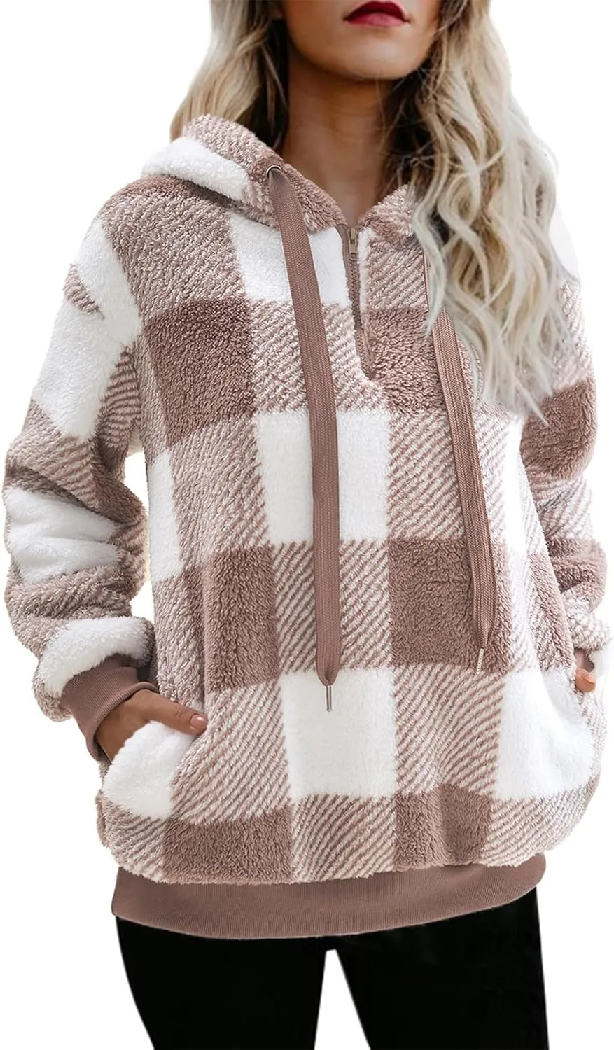 Nirovien Womens Sherpa Pullover Oversized Fuzzy Hoodie Double Fleece Sweatshirts Fluffy Plaid Outerwear Warm Coats