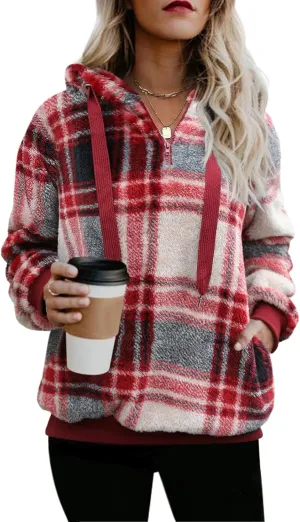 Nirovien Womens Sherpa Pullover Oversized Fuzzy Hoodie Double Fleece Sweatshirts Fluffy Plaid Outerwear Warm Coats