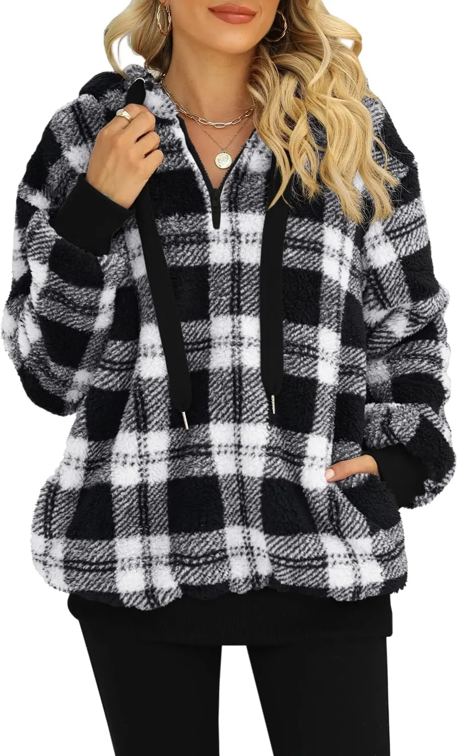 Nirovien Womens Sherpa Pullover Oversized Fuzzy Hoodie Double Fleece Sweatshirts Fluffy Plaid Outerwear Warm Coats