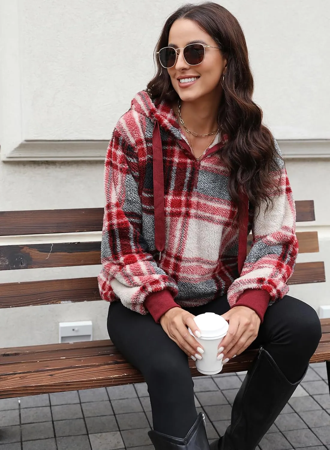 Nirovien Womens Sherpa Pullover Oversized Fuzzy Hoodie Double Fleece Sweatshirts Fluffy Plaid Outerwear Warm Coats