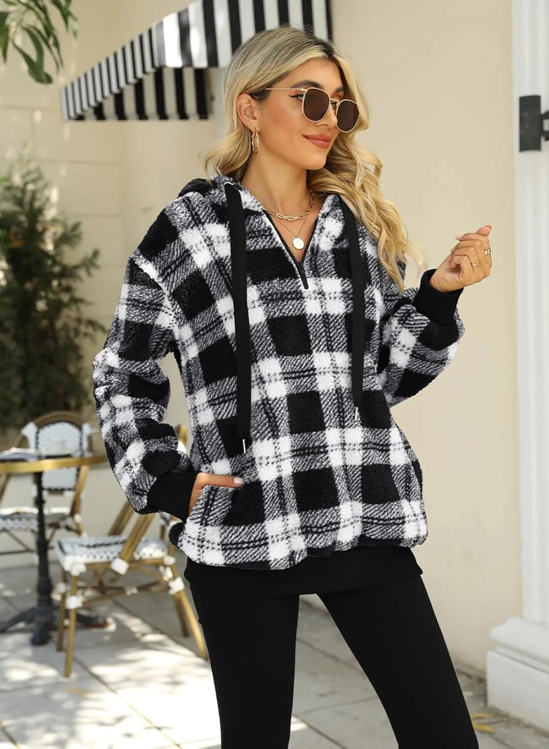 Nirovien Womens Sherpa Pullover Oversized Fuzzy Hoodie Double Fleece Sweatshirts Fluffy Plaid Outerwear Warm Coats