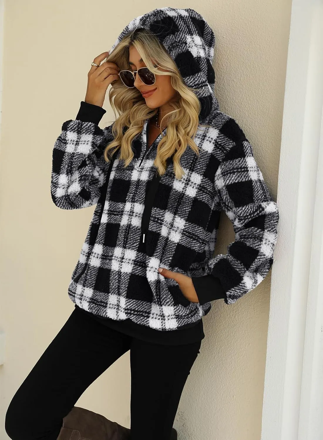 Nirovien Womens Sherpa Pullover Oversized Fuzzy Hoodie Double Fleece Sweatshirts Fluffy Plaid Outerwear Warm Coats