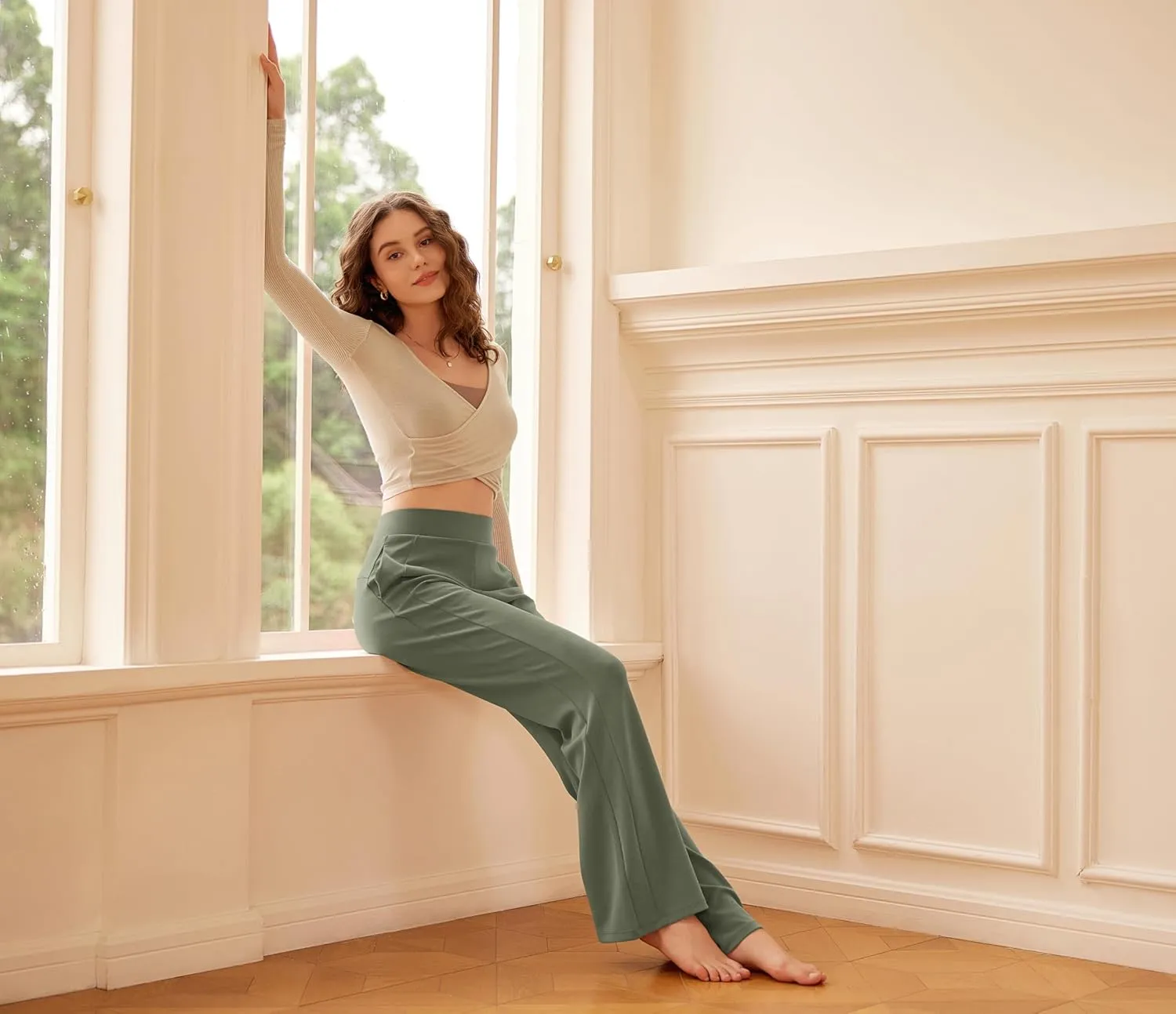 ODODOS Women's Modal Soft Mini Flared Pants with Pockets High Waist Pull-On Casual Lounge Pants-29/31" Inseam