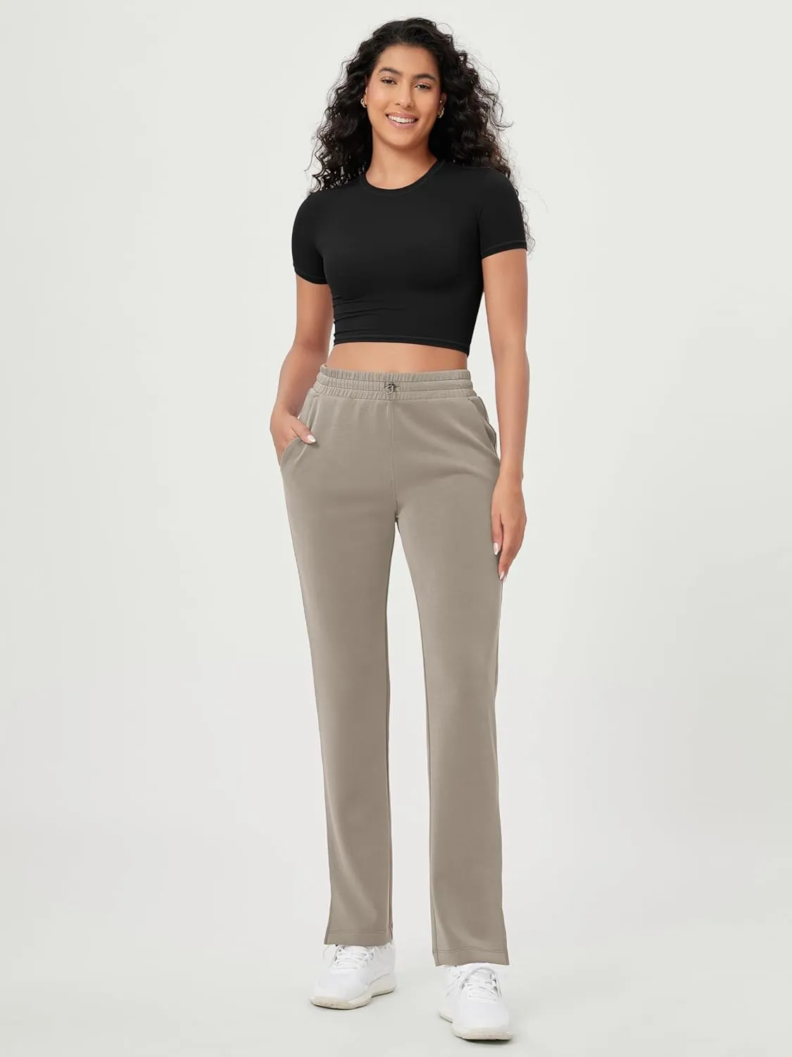 ODODOS Women's Modal Soft Split-Hem High Waist Pants with Pockets Adjustable Shockcord Casual Lounge Pants