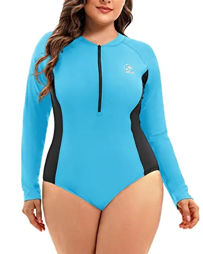 One Piece Rash Guard For Women Plus Size Upf 50  Long Sleeve Zipper Swimsuit-Aqua